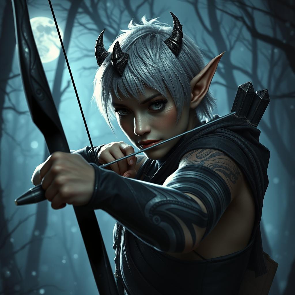 A dark elf with short hair that has a striking silver tint, adorned with small dragon-like horns on their head