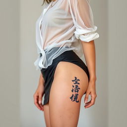 A confident young woman wearing a sheer, light white blouse that subtly reveals her figure, accentuating her body