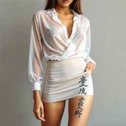 A confident young woman wearing a sheer, light white blouse that subtly reveals her figure, accentuating her body