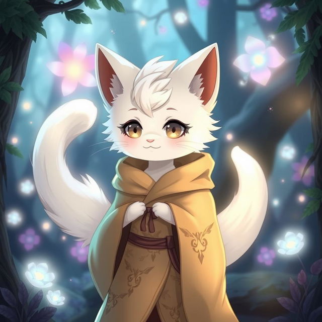 A young furry bakonekō (catboy) character with white fur, wearing a flowing druid robe