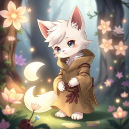 A young furry bakonekō (catboy) character with white fur, wearing a flowing druid robe