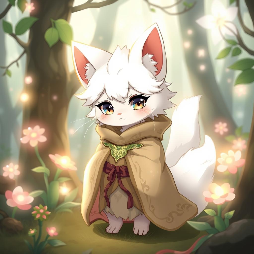 A young furry bakonekō (catboy) character with white fur, wearing a flowing druid robe