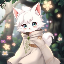 A young furry bakonekō (catboy) character with white fur, wearing a flowing druid robe