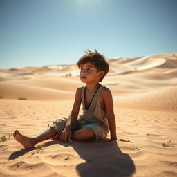 A young boy with tanned skin and messy hair wearing tattered clothes, sitting on the sand in a vast desert