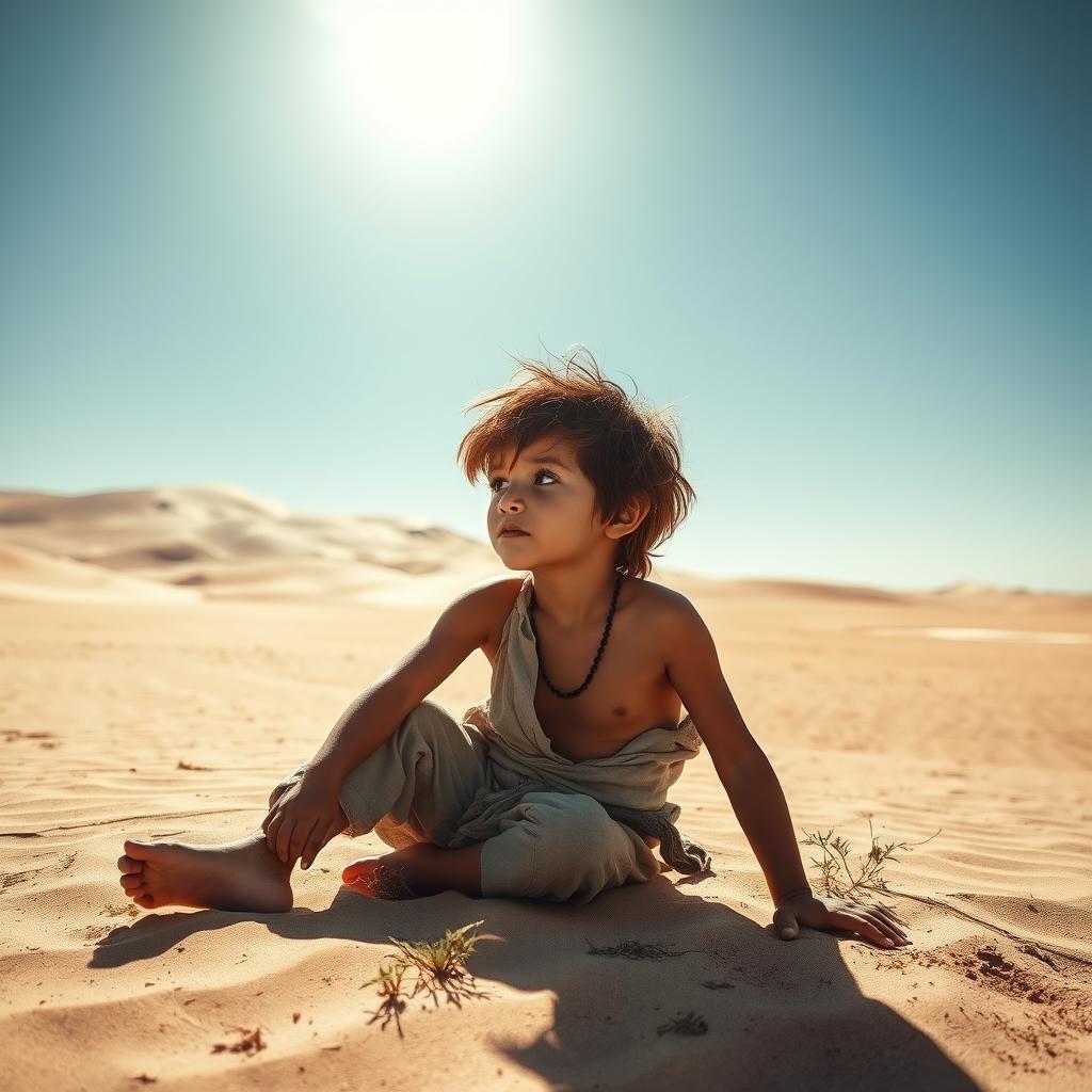 A young boy with tanned skin and messy hair wearing tattered clothes, sitting on the sand in a vast desert