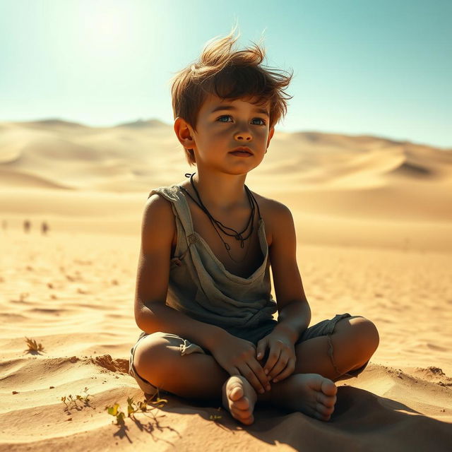 A young boy with tanned skin and messy hair wearing tattered clothes, sitting on the sand in a vast desert