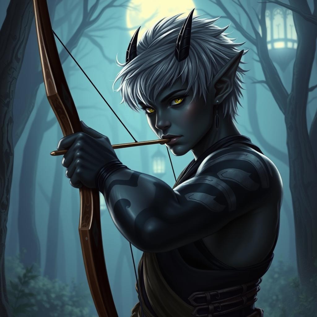 A dark elf with black skin and short hair that features a silver tint, adorned with small dragon-like horns