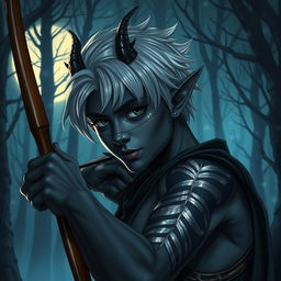 A dark elf with black skin and short hair that features a silver tint, adorned with small dragon-like horns