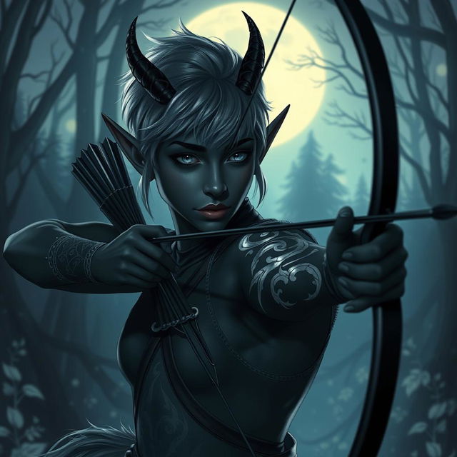 A dark elf with black skin and short hair that features a silver tint, adorned with small dragon-like horns