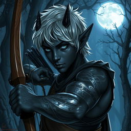 A dark elf with black skin and short hair that features a silver tint, adorned with small dragon-like horns