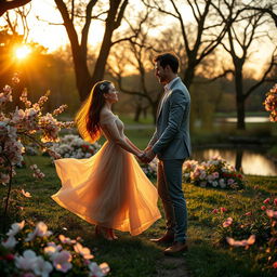 A whimsical and romantic scene of a couple in a lush park during sunset, surrounded by blooming flowers