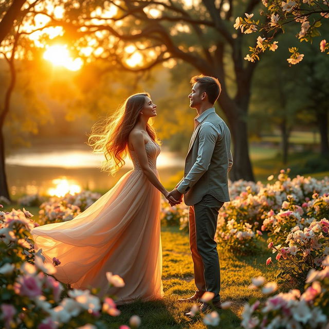 A whimsical and romantic scene of a couple in a lush park during sunset, surrounded by blooming flowers