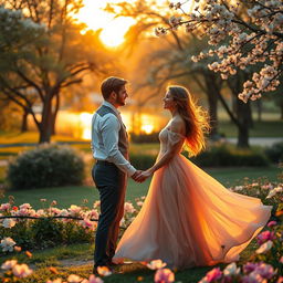 A whimsical and romantic scene of a couple in a lush park during sunset, surrounded by blooming flowers