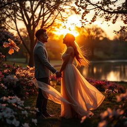 A whimsical and romantic scene of a couple in a lush park during sunset, surrounded by blooming flowers