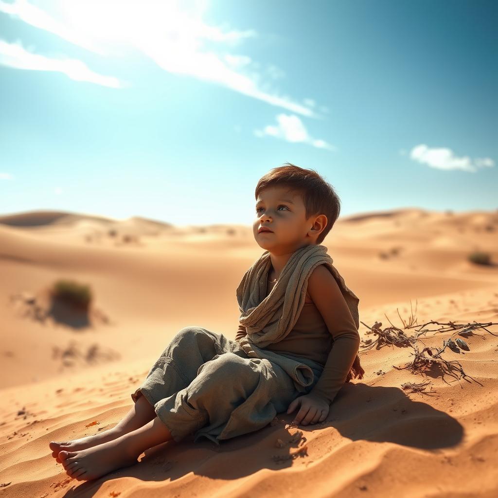 A young boy dressed in ragged, worn clothes, sitting on the hot sand of a vast desert