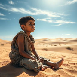 A young boy dressed in ragged, worn clothes, sitting on the hot sand of a vast desert