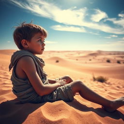 A young boy dressed in ragged, worn clothes, sitting on the hot sand of a vast desert