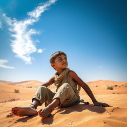 A young boy dressed in ragged, worn clothes, sitting on the hot sand of a vast desert