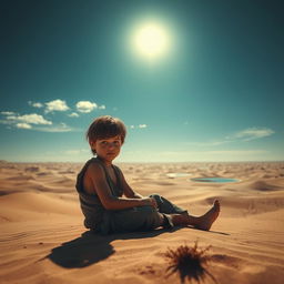 A poignant scene from a film titled 'Alone', featuring a young boy with tanned skin and disheveled hair, dressed in tattered clothes, sitting on the warm sand of a sprawling desert