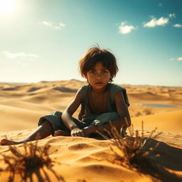 A poignant scene from a film titled 'Alone', featuring a young boy with tanned skin and disheveled hair, dressed in tattered clothes, sitting on the warm sand of a sprawling desert