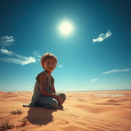 A poignant scene from a film titled 'Alone', featuring a young boy with tanned skin and disheveled hair, dressed in tattered clothes, sitting on the warm sand of a sprawling desert