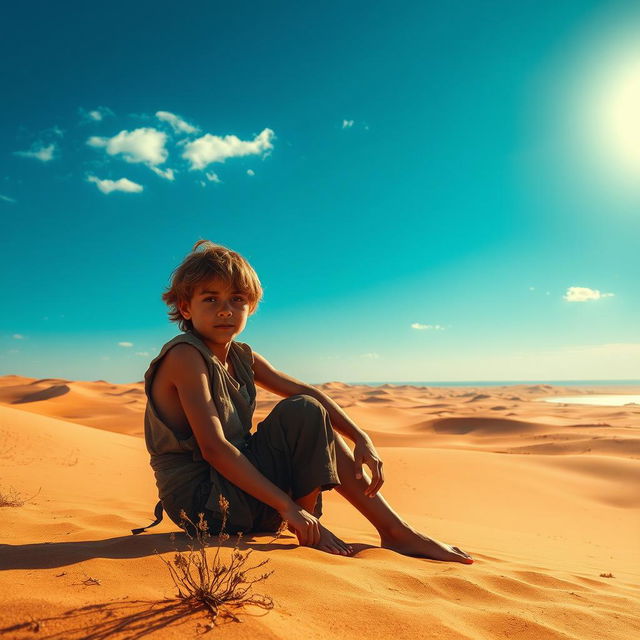 A poignant scene from a film titled 'Alone', featuring a young boy with tanned skin and disheveled hair, dressed in tattered clothes, sitting on the warm sand of a sprawling desert