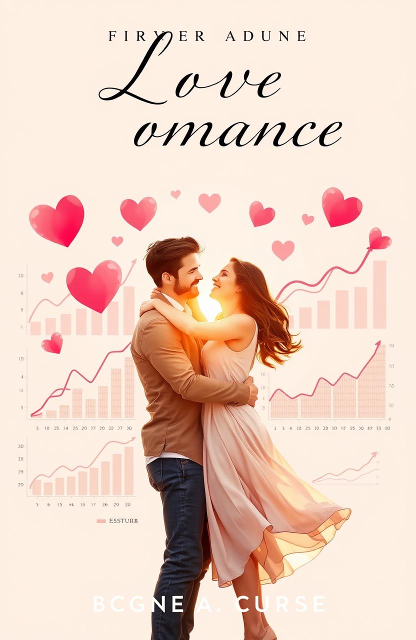 A captivating romance novel cover design featuring a charming couple in a warm embrace, surrounded by charts and graphs that symbolize their journey through love and life