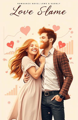 A captivating romance novel cover design featuring a charming couple in a warm embrace, surrounded by charts and graphs that symbolize their journey through love and life