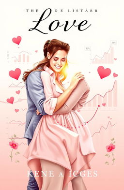 A captivating romance novel cover design featuring a charming couple in a warm embrace, surrounded by charts and graphs that symbolize their journey through love and life