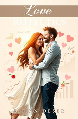 A captivating romance novel cover design featuring a charming couple in a warm embrace, surrounded by charts and graphs that symbolize their journey through love and life
