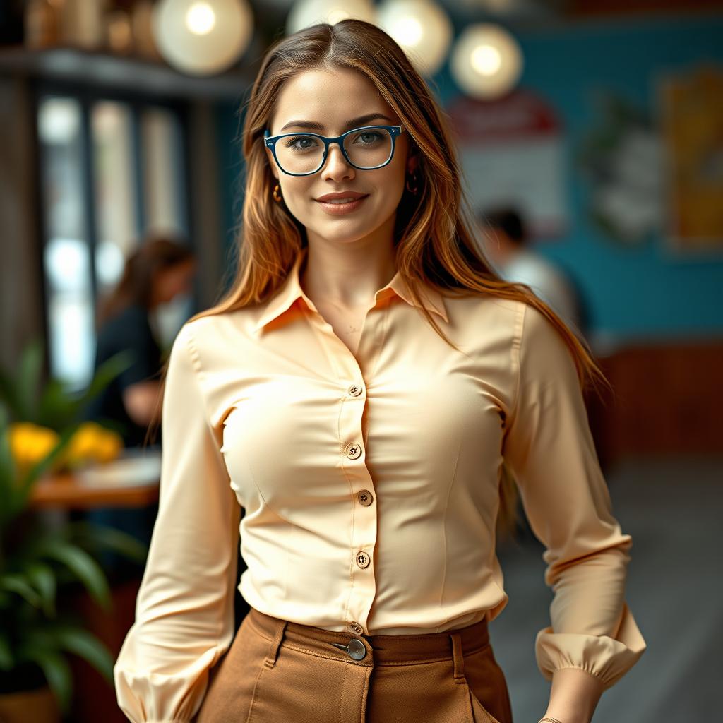 A 28-year-old woman with long light brown hair styled beautifully, showcasing a round face adorned with charming freckles