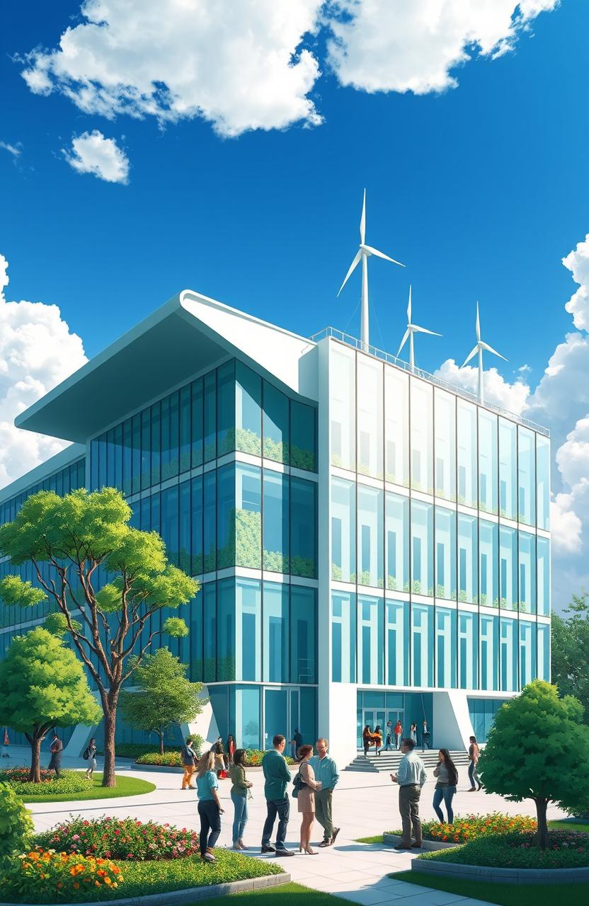 A vibrant illustration of a futuristic government building, showcasing modern architecture with sleek glass panels and green spaces