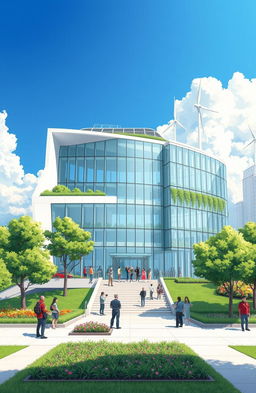 A vibrant illustration of a futuristic government building, showcasing modern architecture with sleek glass panels and green spaces