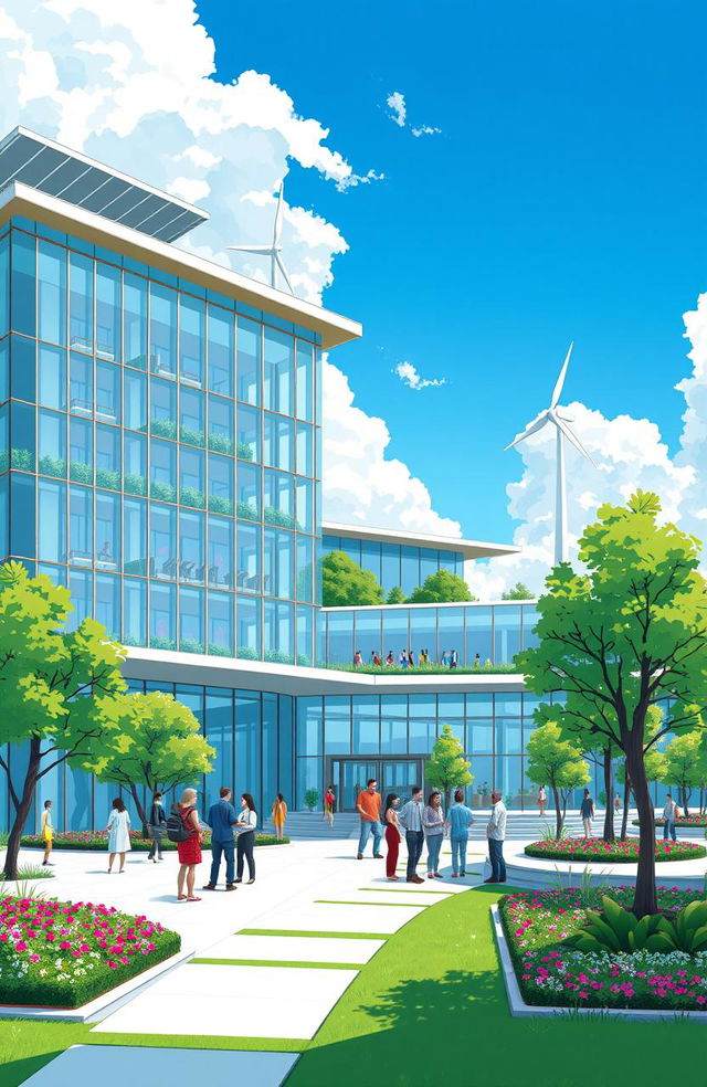 A vibrant illustration of a futuristic government building, showcasing modern architecture with sleek glass panels and green spaces