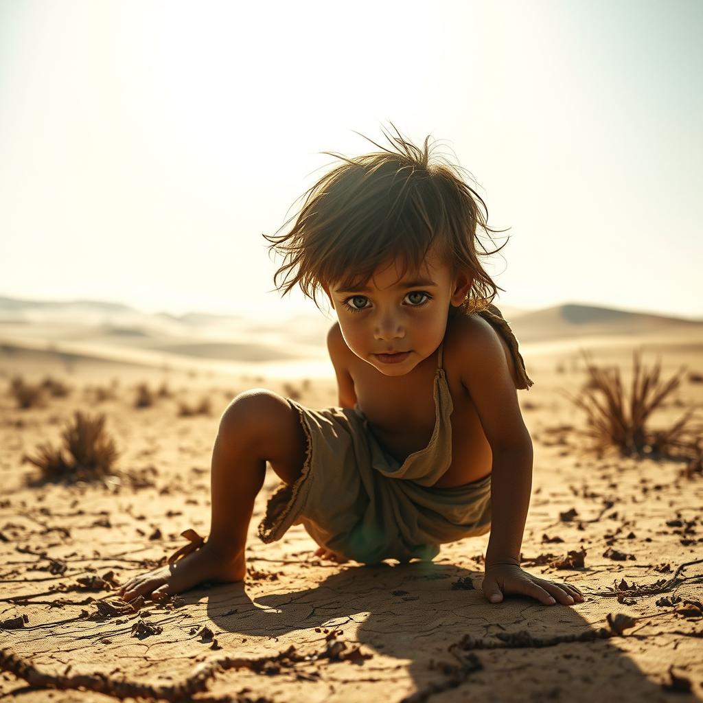 A striking film scene from 'Alone', depicting a young boy in a desolate desert landscape, showcasing his struggle for survival