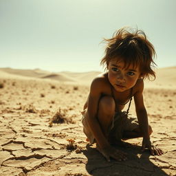 A striking film scene from 'Alone', depicting a young boy in a desolate desert landscape, showcasing his struggle for survival