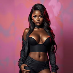 Transform the young boy into a glamorous blend of stunning black females, featuring long, luxurious hair and a curvy, sexy body