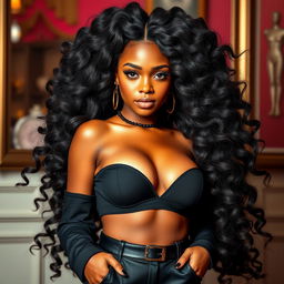 Transform the young boy into a glamorous blend of stunning black females, featuring long, luxurious hair and a curvy, sexy body