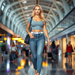 A sexy long hourglass shaped blonde girl with medium breasts, very low, huge wide full hips, and large thick thighs