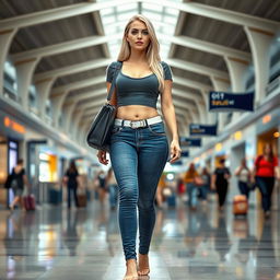 A sexy long hourglass shaped blonde girl with medium breasts, very low, huge wide full hips, and large thick thighs