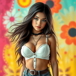 Transform the young white boy with green eyes into a stunning blend of beautiful Mexican females, characterized by long, flowing hair and a curvy, sexy body