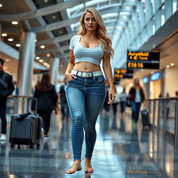 A sexy long hourglass shaped blonde girl with medium breasts, very low, huge wide full hips, and large thick thighs