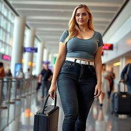 A sexy long hourglass shaped blonde girl with medium breasts, very low, huge wide full hips, and large thick thighs