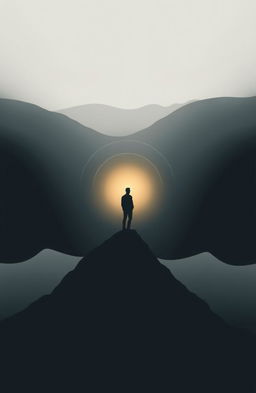 A conceptual image featuring a lone figure in silhouette standing on a mountain peak, overlooking a vast landscape of softly rolling hills and gentle waves in the distance
