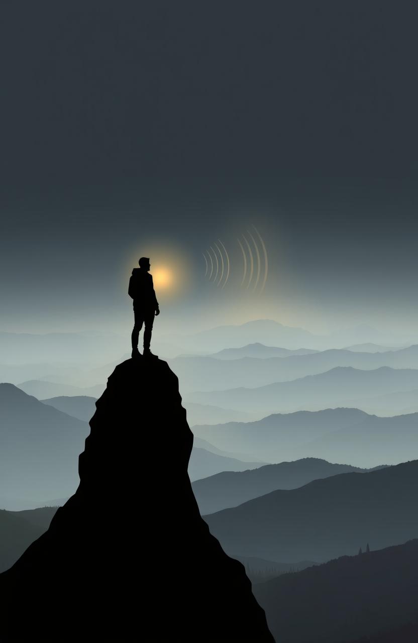 A conceptual image featuring a lone figure in silhouette standing on a mountain peak, overlooking a vast landscape of softly rolling hills and gentle waves in the distance