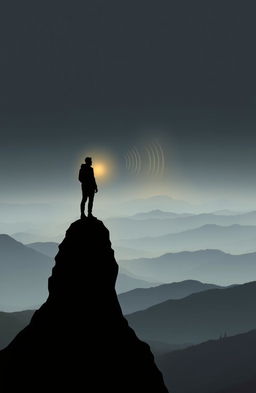 A conceptual image featuring a lone figure in silhouette standing on a mountain peak, overlooking a vast landscape of softly rolling hills and gentle waves in the distance