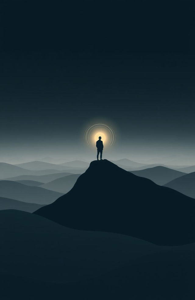 A conceptual image featuring a lone figure in silhouette standing on a mountain peak, overlooking a vast landscape of softly rolling hills and gentle waves in the distance