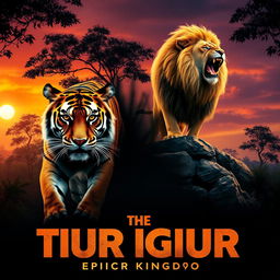 A cinematic poster for an epic film featuring a majestic tiger and a dramatic lion in a lush jungle setting