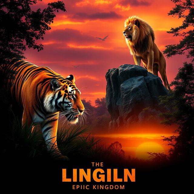 A cinematic poster for an epic film featuring a majestic tiger and a dramatic lion in a lush jungle setting