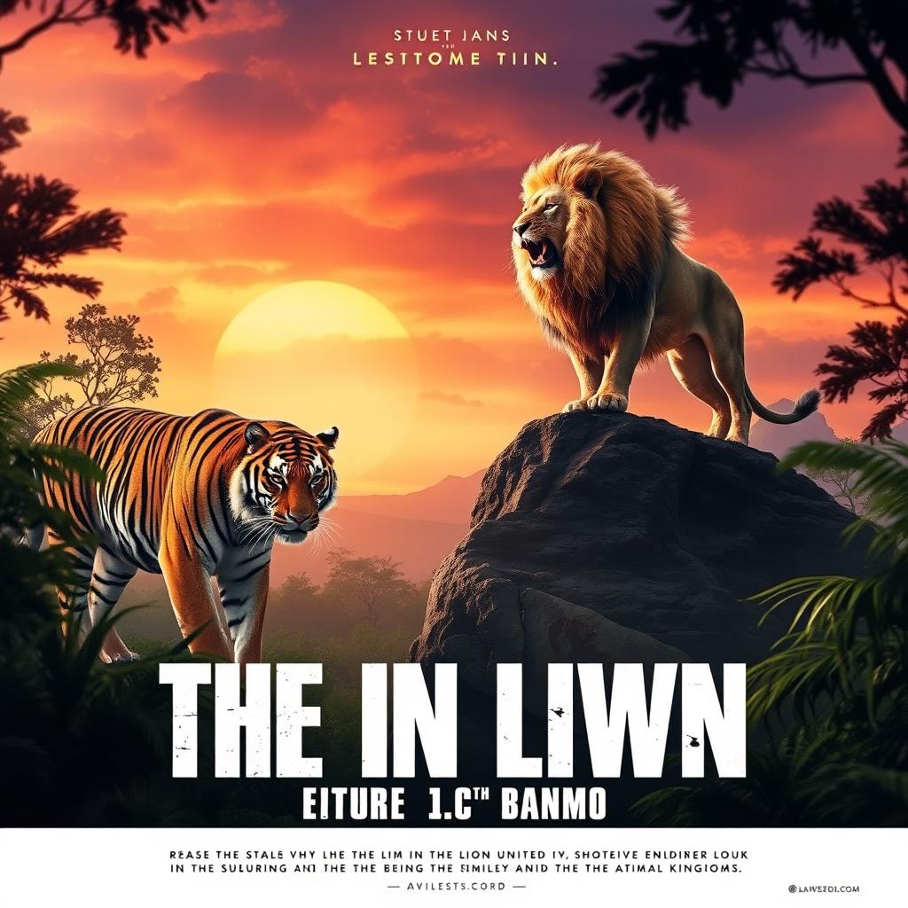 A cinematic poster for an epic film featuring a majestic tiger and a dramatic lion in a lush jungle setting